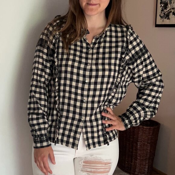 Checkered Ruffle Button Down Shirt - Picture 1 of 6